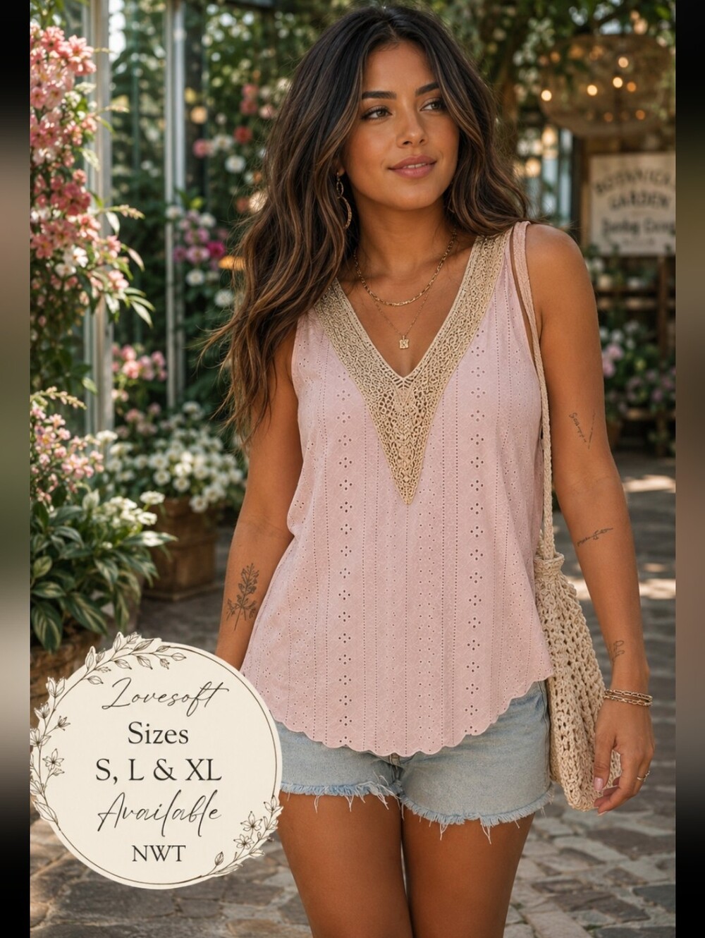 Lovesoft NWT Blush Pink Eyelet Crochet Trim  V-Neck Tank Top